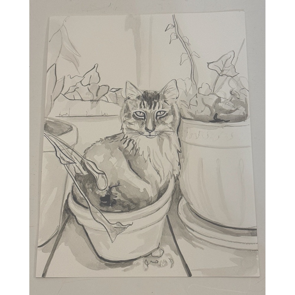 Original Ink Drawing "The Cat" 9x12 Hand-Painted Painting OOAK Portrait Art